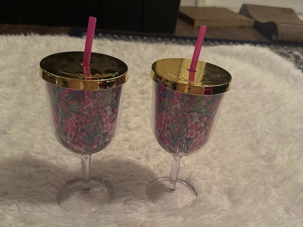 Lilly Pulitzer Set of 2 Gumbo Limbo Insulated Acrylic Wine Glasses with Lids and